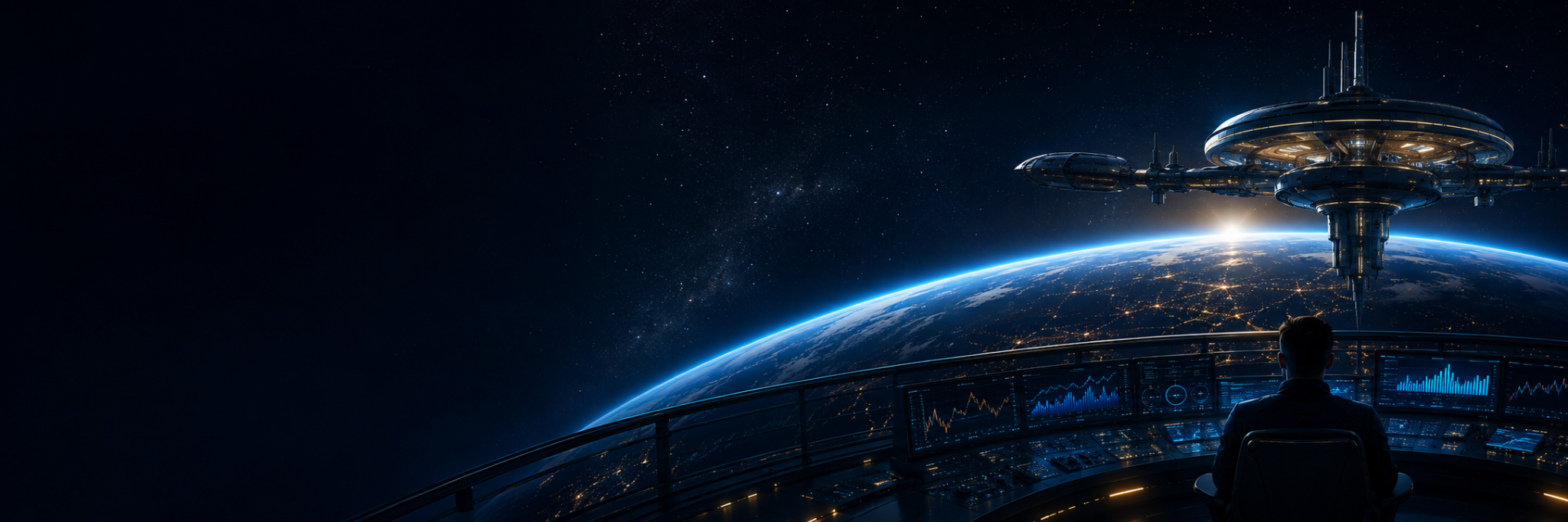Panoramic orbital command center overlooking Earth